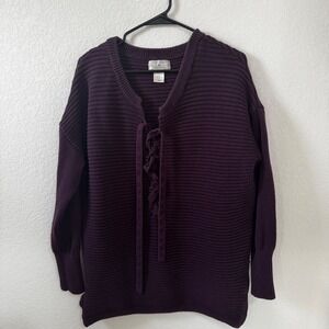 Ruby Moon Purple Lace Up V-Neck Ribbed Knit Sweater XL Plum Oversized Boho
